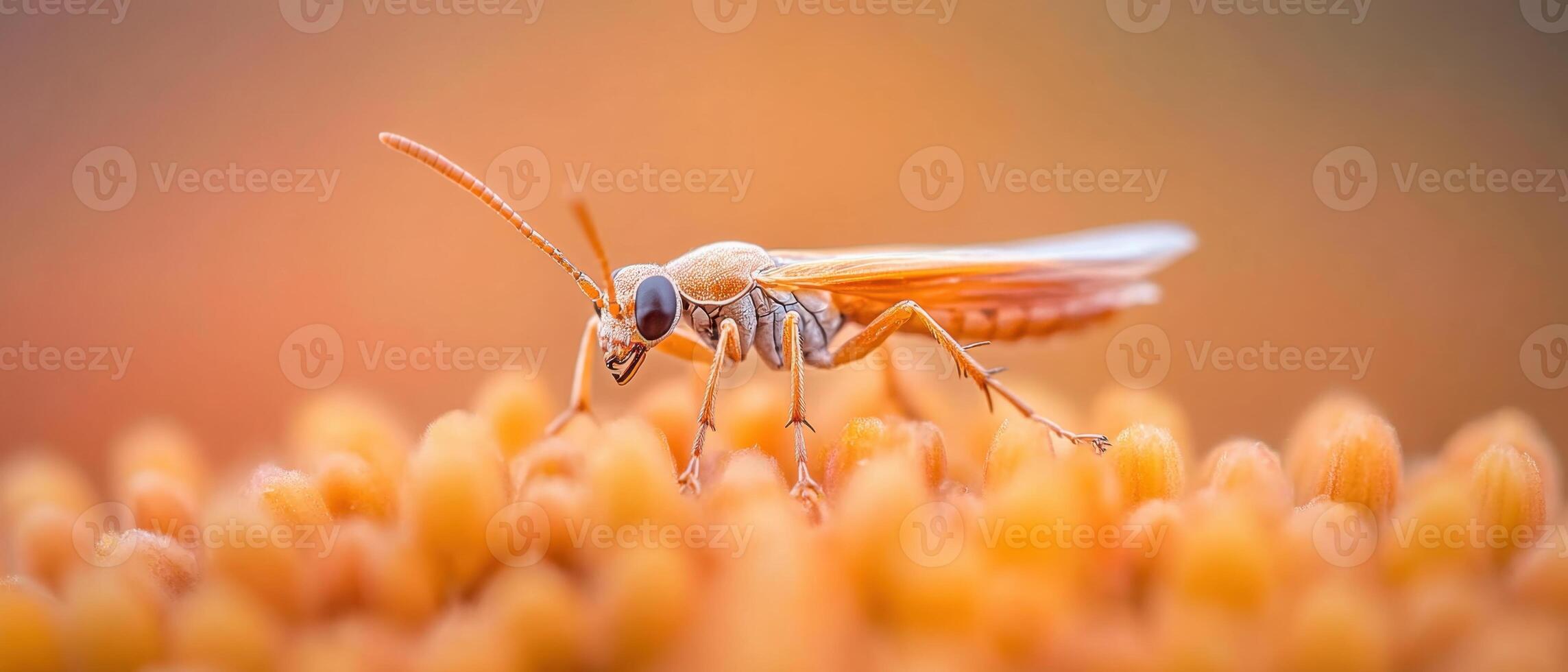 Small winged insect rests on soft orange surface. Macro view of delicate bug with translucent wings and intricate details in bright sunlight. photo