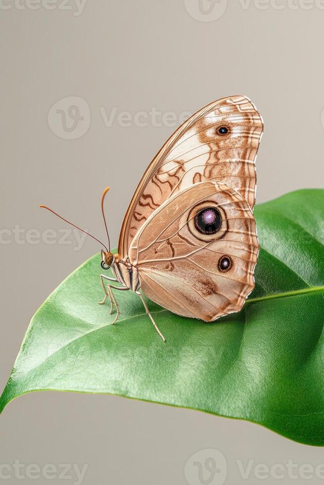 Brown butterfly resting gently on a shiny green leaf. Soft neutral background. Close up view shows detailed wing patterns and delicate antennae. photo