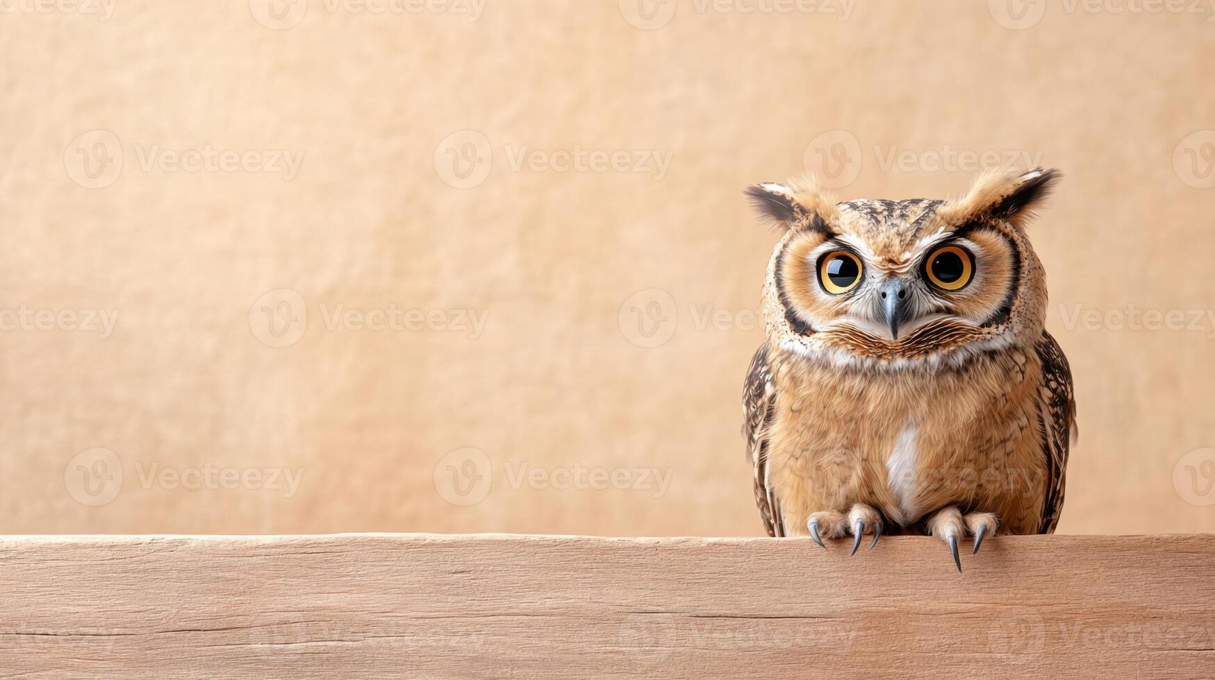 Cute owl portrait. Bird with big eyes sits on brown wood. Soft beige background with space for text or graphic. Wildlife animal. photo
