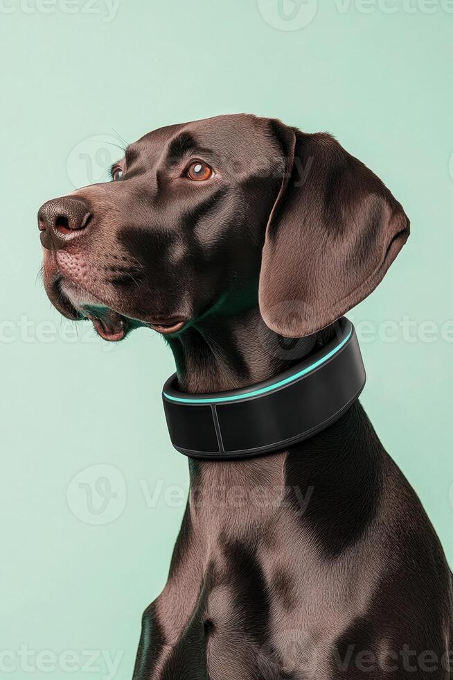 Chocolate brown dog portrait with modern collar. Animal looking left on pale green backdrop. Smooth coated breed in profile. Smart pet accessory. photo