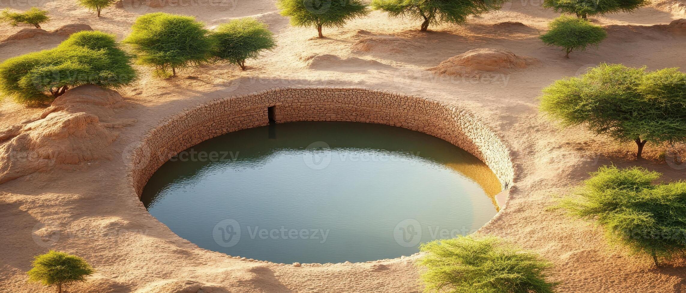Water filled pit in arid landscape. Trees surround a walled depression with calm liquid. Sunlight reflects off water surface in desert environment. photo