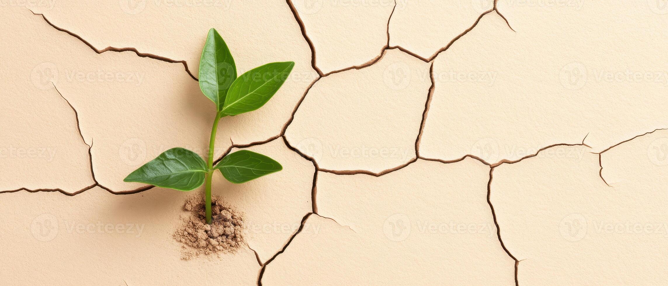 Green plant growing from cracked dry ground. New life rising on arid soil. Small sprout reaching up. Beige earth with fissures photo