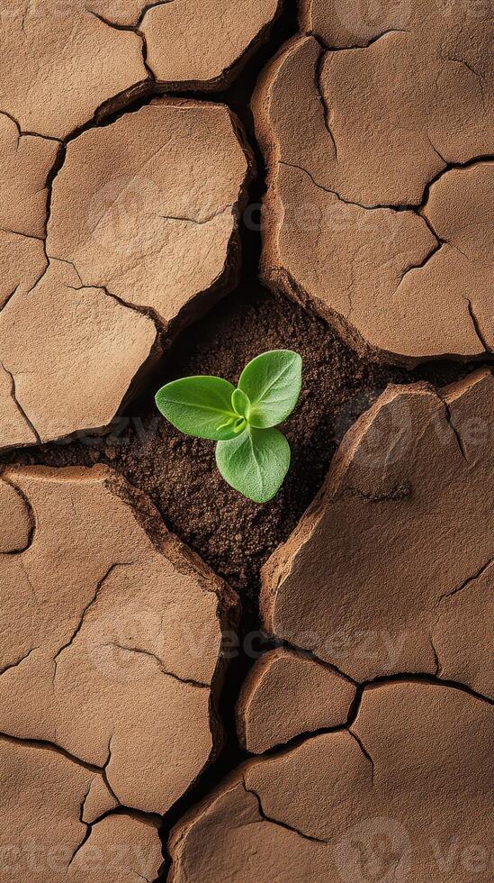 Small plant grows in cracked dry earth. Green leaves emerge from soil. Brown arid land surrounds new life. Arid landscape backdrop. photo