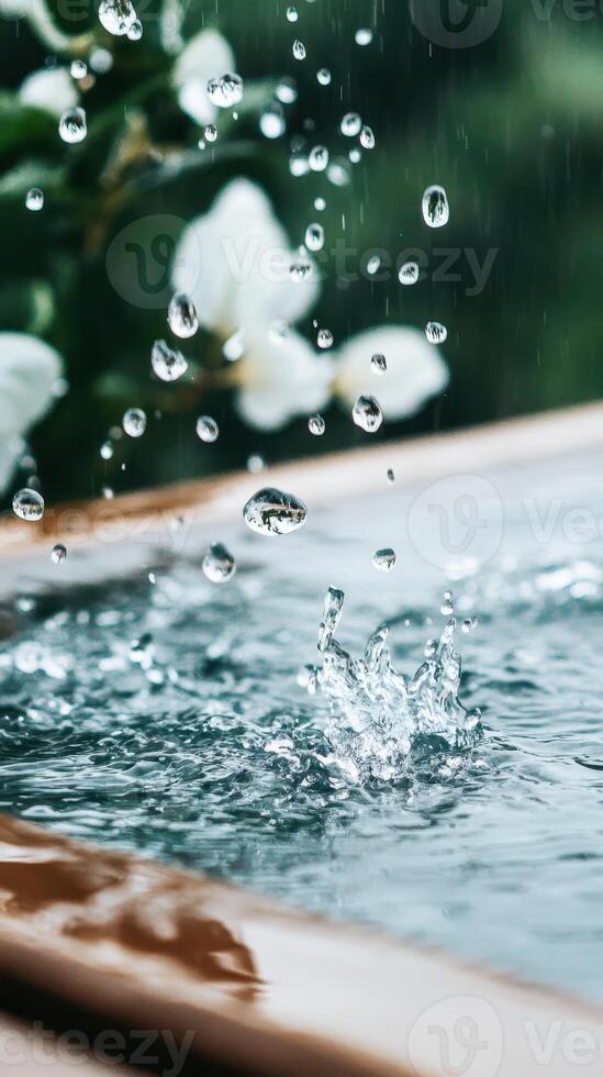 Raindrops falling into water creating a splash with blurred flowers in the background and a container edge in foreground detail. photo