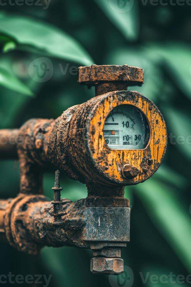 Old yellow metal pipeline shows a reading. Rusty pipes and valves covered in dirt and corrosion. Foliage background with blurred green leaves. photo