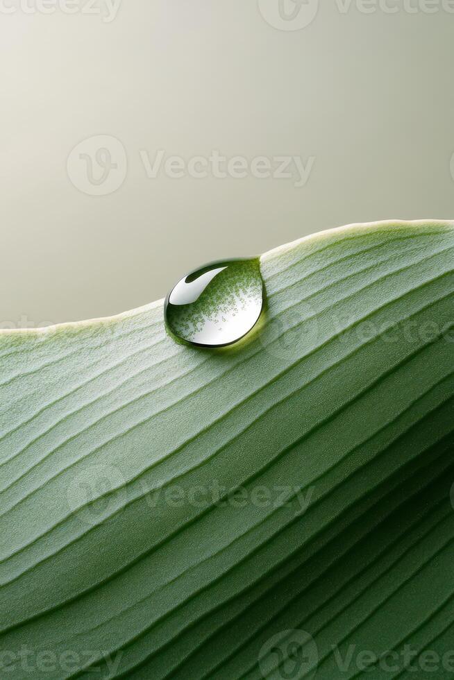 Clear water droplet rests gently upon the surface of a vibrant green leaf. Dew clings tightly with visible texture on plain surface. photo