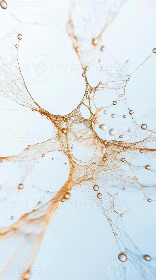 Delicate web strands converge with dew drops suspended against a bright ethereal background. Golden threads form fragile pattern. Water globes cling to network. photo