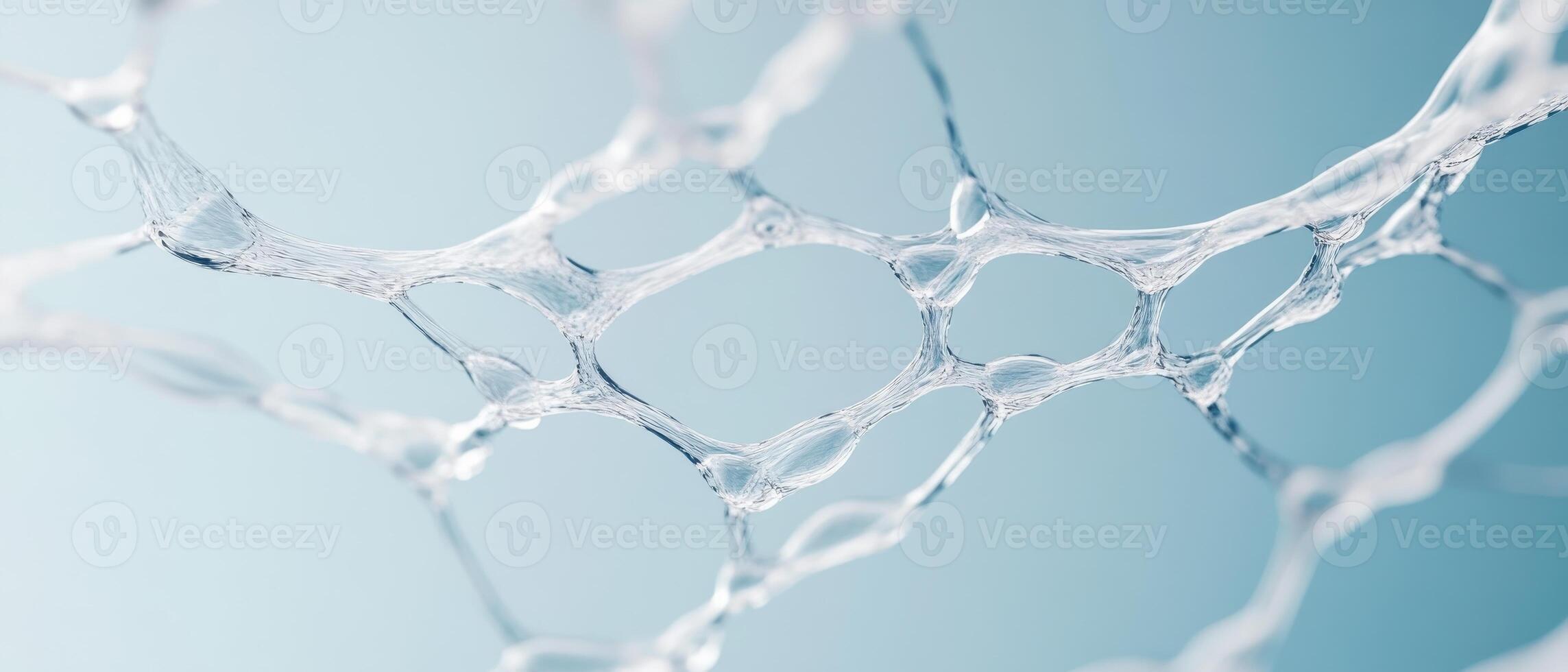 Clear liquid structure. Connected network on light blue backdrop. Abstract crystal form. Science or medical visualization with smooth texture. Macro view. photo