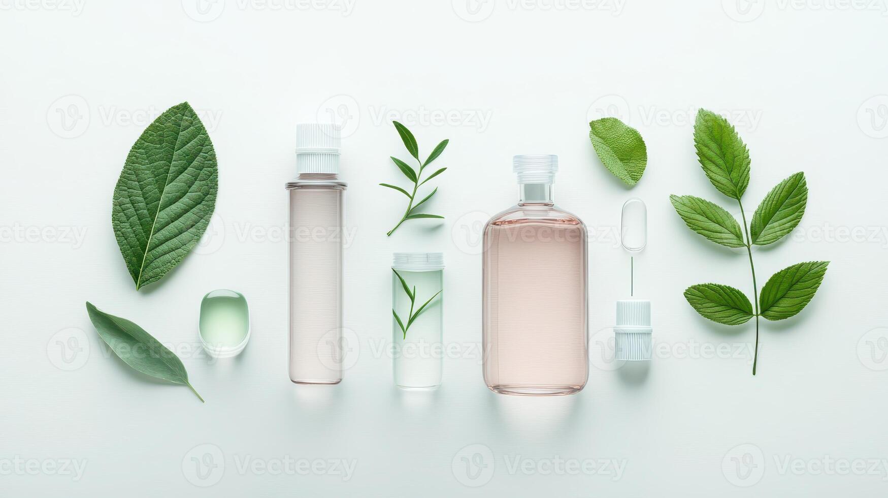 Bottles of liquid with green leaves arranged on a white surface. Various sizes, shapes of containers holding liquid with natural leafy accents. photo