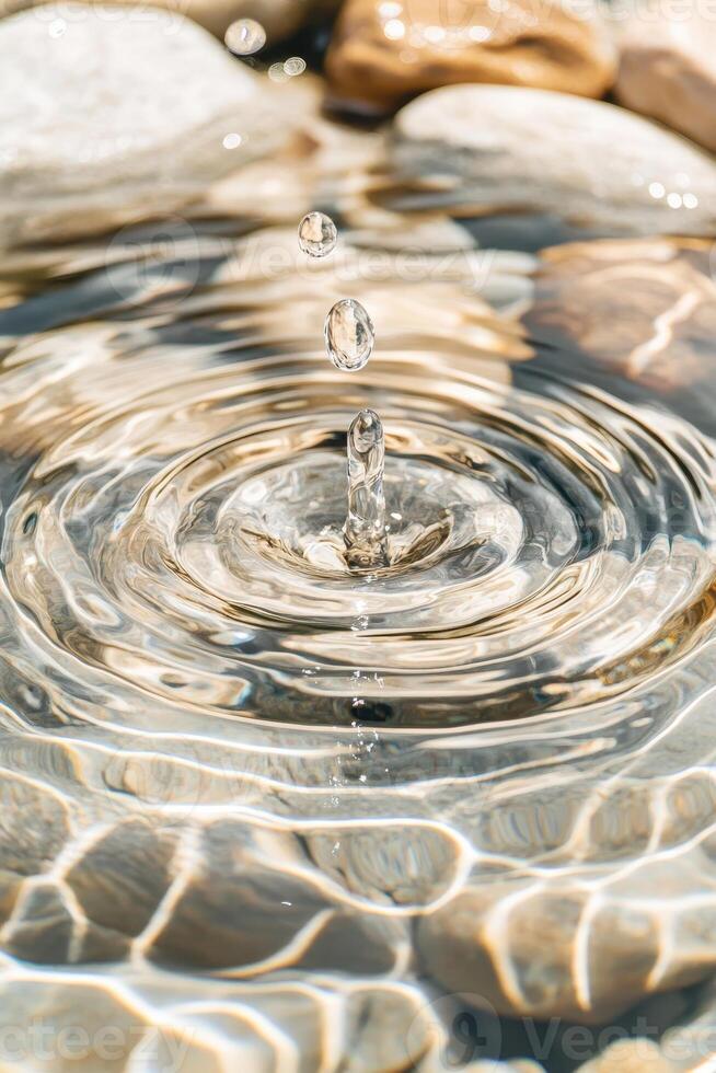 Water droplets fall onto the clear surface creating ripples among smooth rocks. Light refracts through the moving liquid and reflects from the stones below. photo