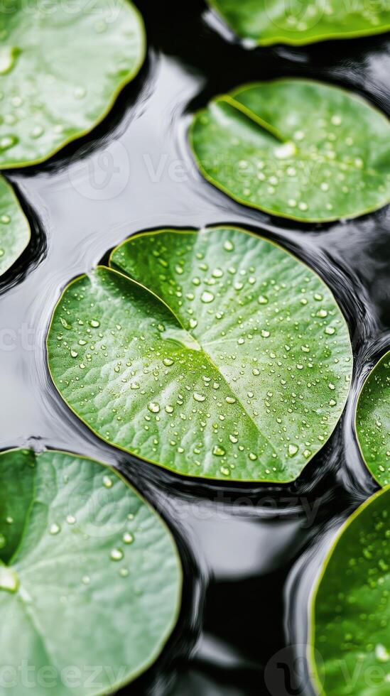 Lily pads float on dark water. Round green leaves covered in water drops. Calm pond with aquatic plants. Bright natural scene. photo