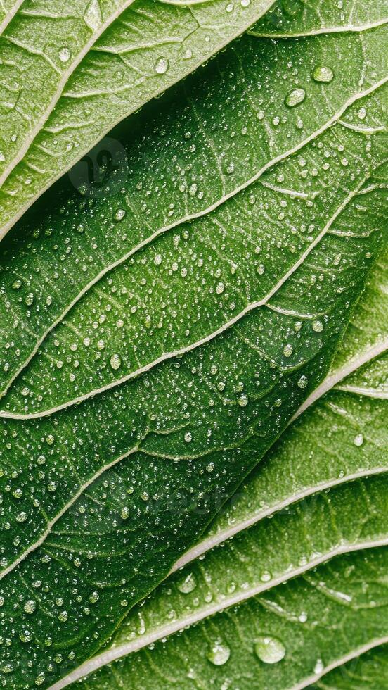 Green leaves surface close up with many clear water droplets. Veins pattern on leaf texture. Natural botanical fresh foliage background. photo
