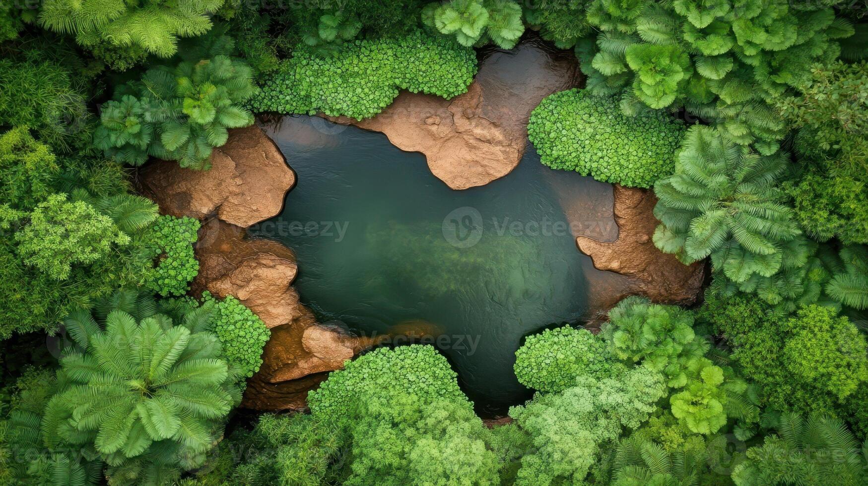Aerial view of a hidden lake surrounded by vibrant green trees and rugged brown rocks in a serene forest setting. photo