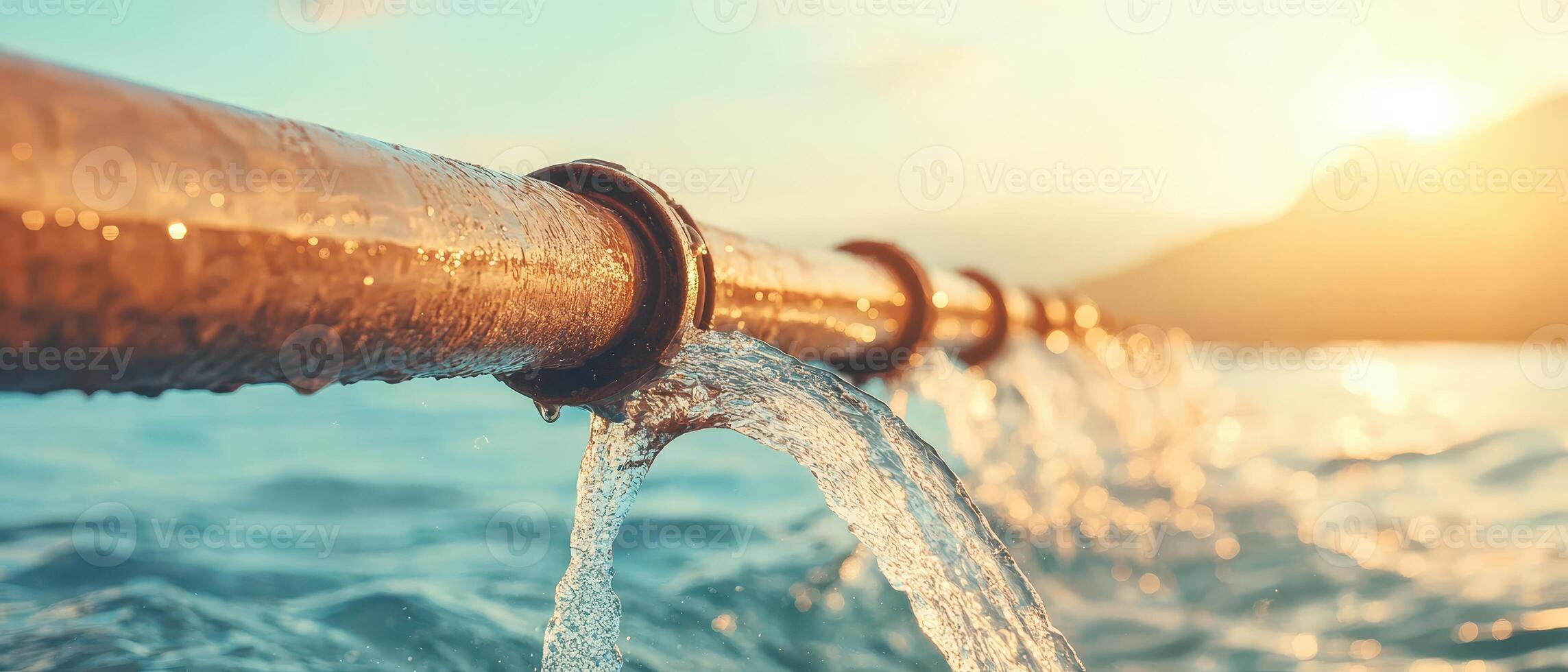 Metal pipeline over sea. Water flows down into ocean. Warm sunlight on mountain. Clear blue water. Natural setting. photo