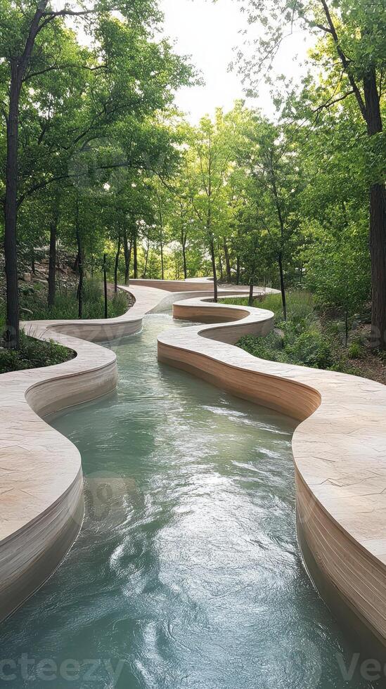 Water flows through a curving channel in a lush green forest. Sunlight filters through the trees and reflects on the water surface. photo