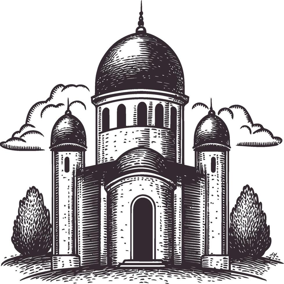 Detailed Illustration of a Historic Building with Dome and Landscape vector