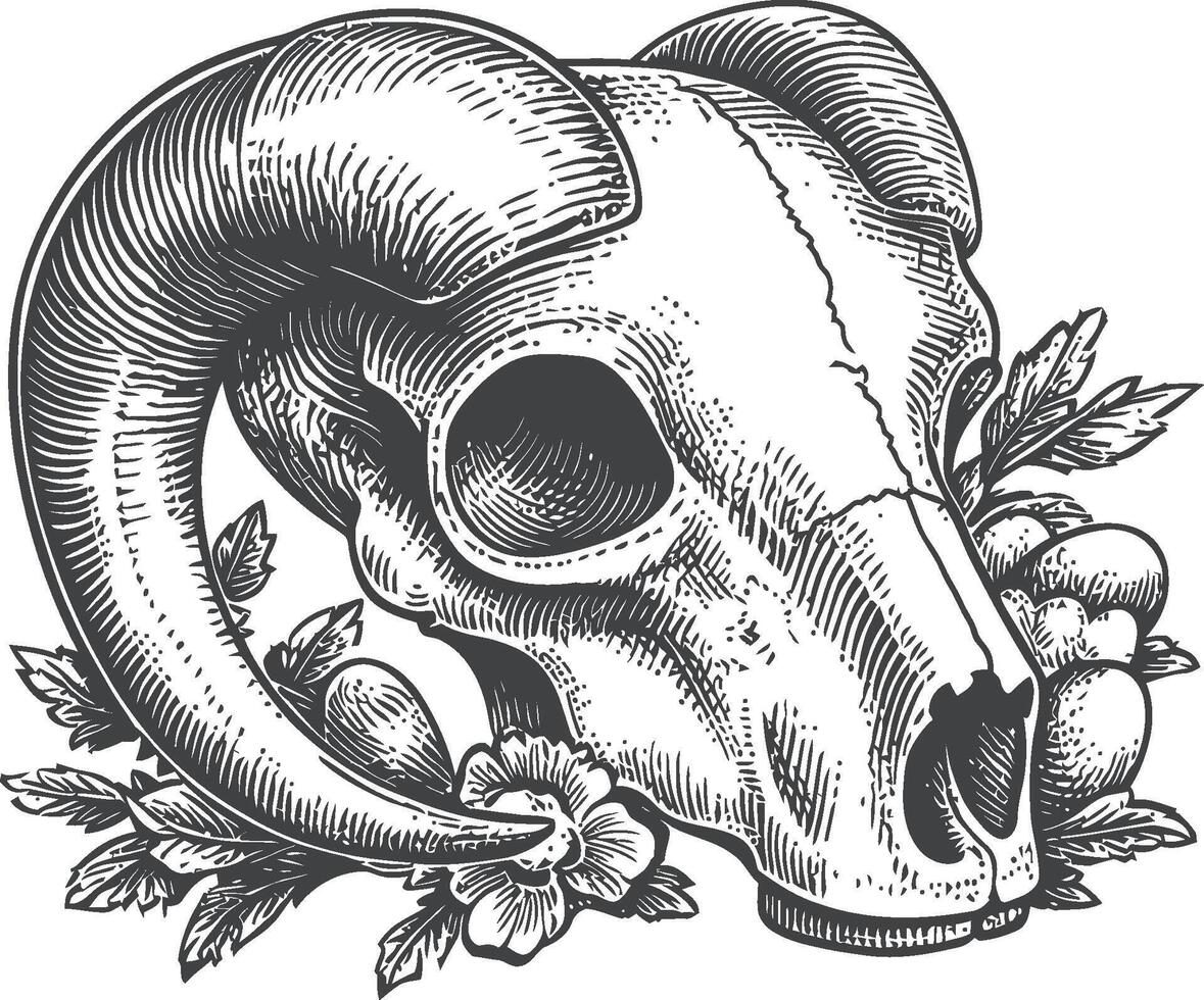 Detailed Illustration of Ram Skull with Floral Elements vector