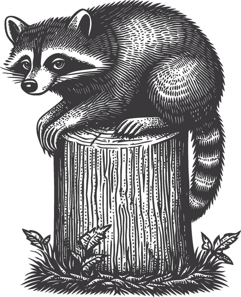 Whimsical Raccoon Sitting on Log in Black and White Illustration vector