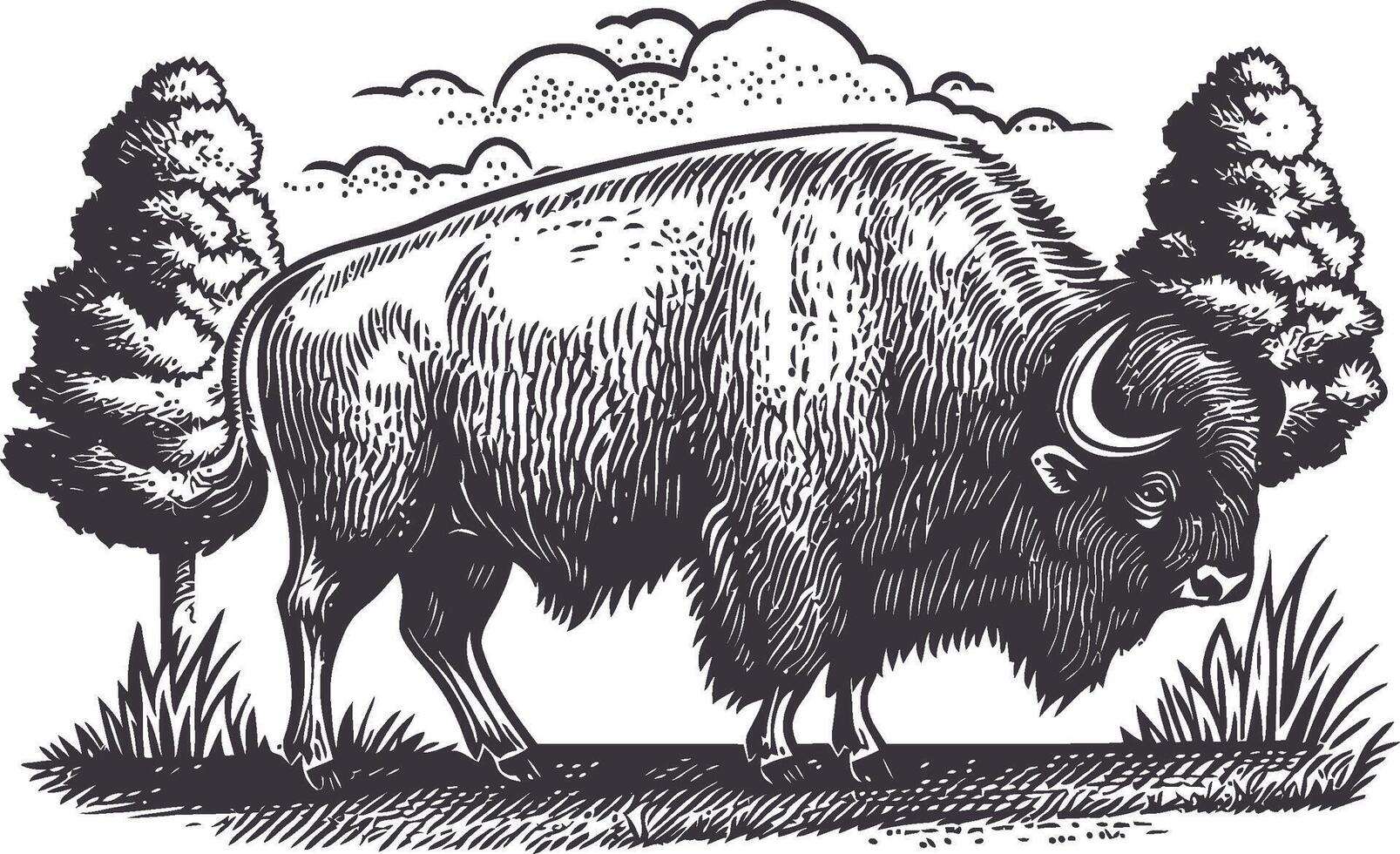 Detailed Illustration of a Bison Surrounded by Nature Elements vector