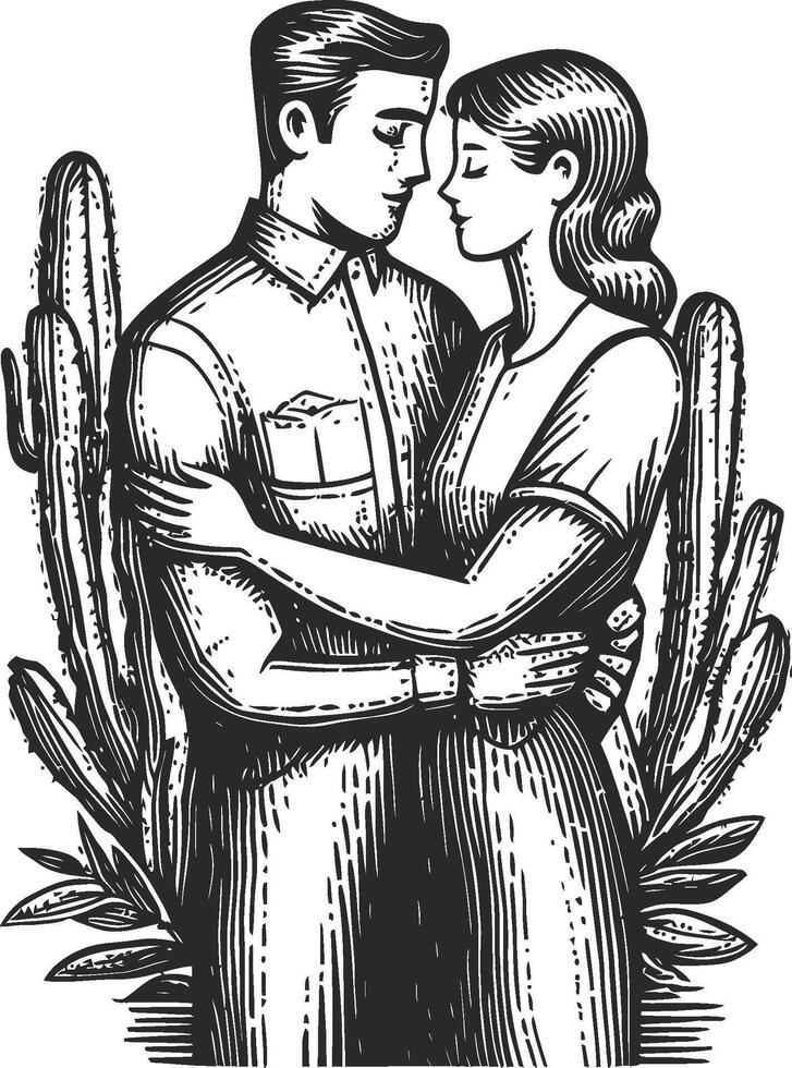 Embracing Couple in a Romantic Desert Scene with Cacti and Flora vector