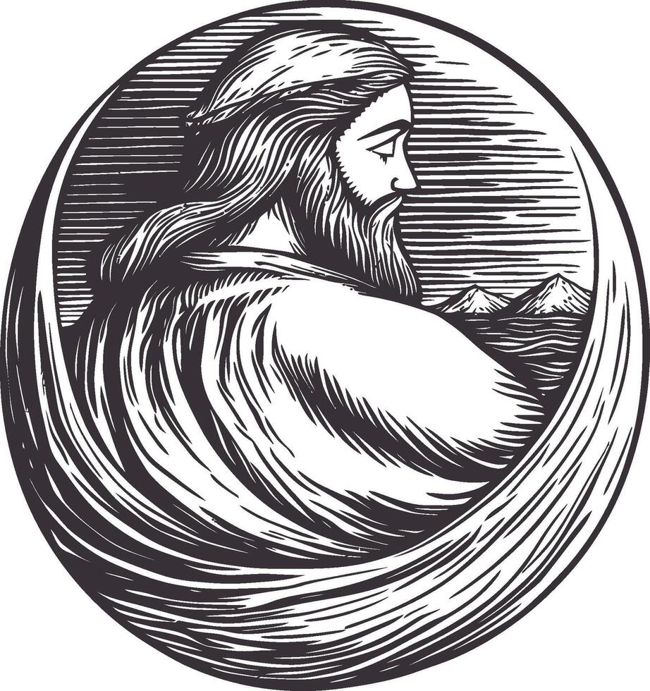 Detailed Illustration of a Bearded Man in Profile with Scenic Background vector