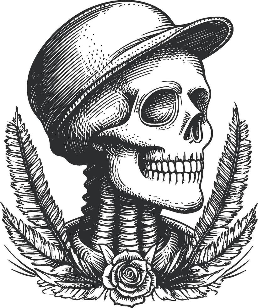 Detailed Illustration of a Skeleton Wearing a Cap Surrounded by Leaves vector