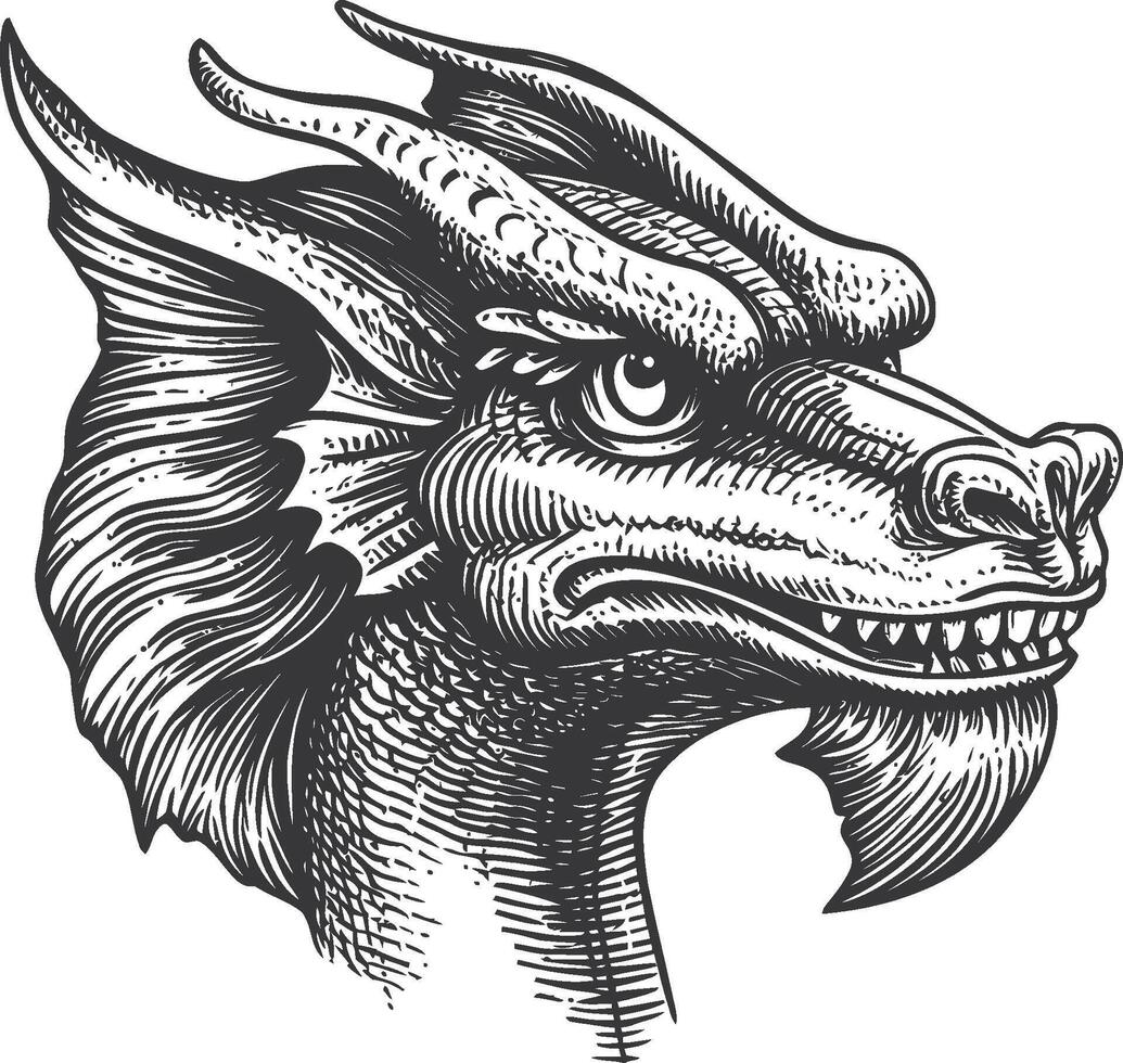 Detailed Illustration of a Dragon Head in Vintage Style for Art Enthusiasts vector