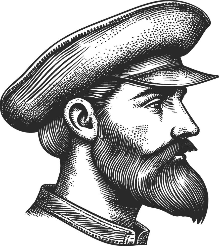 Vintage Illustration of a Bearded Man in a Hat with Detailed Line Art vector