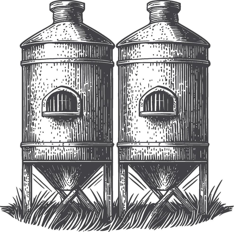 Vintage Drawing of Two Rustic Silos on a Grass Field Background vector