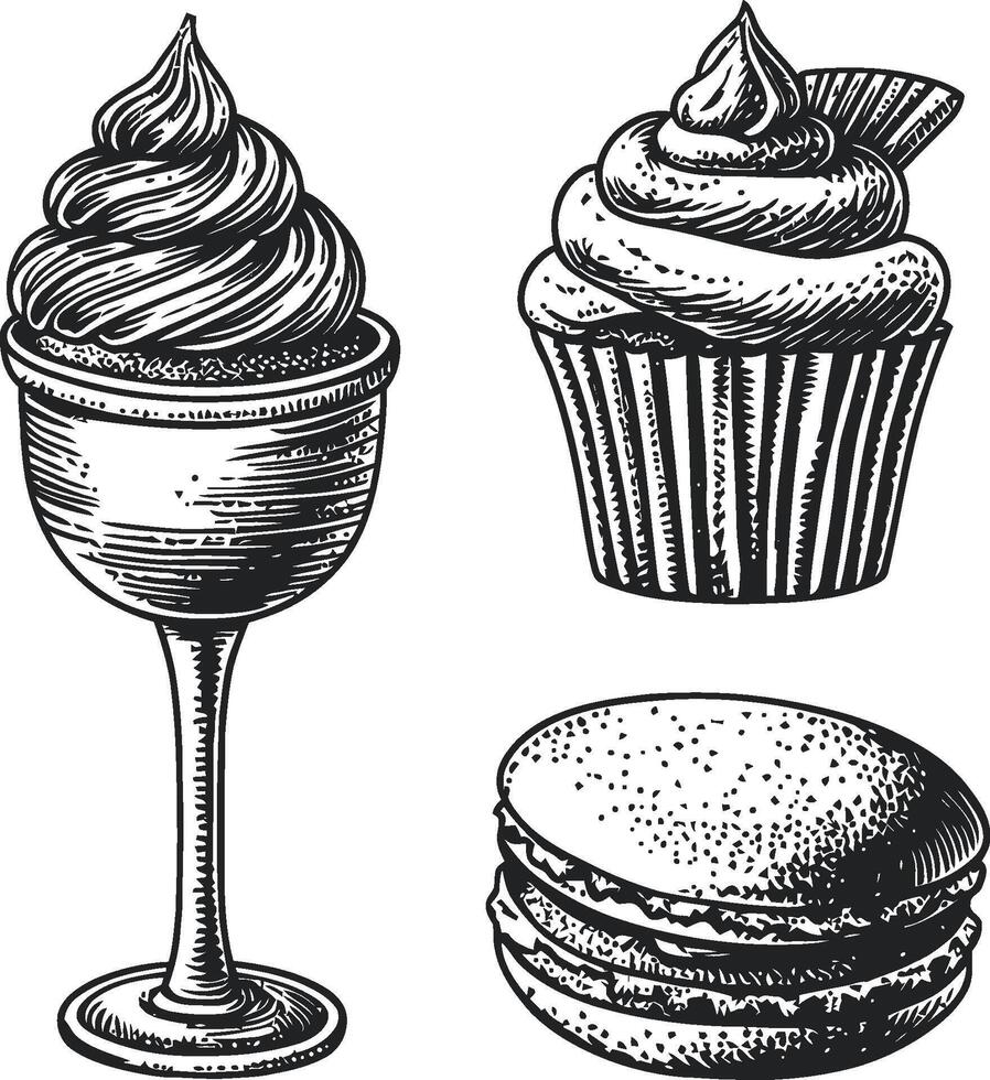 Hand-Drawn Desserts Collection with Cupcake, Sundae, and Macaron vector