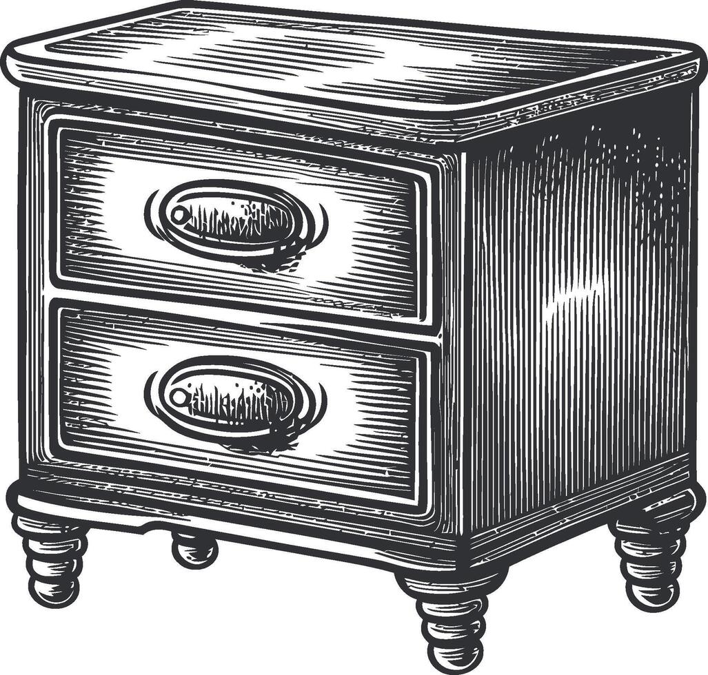 Hand-Drawn Vintage Nightstand with Two Drawers in Black and White vector