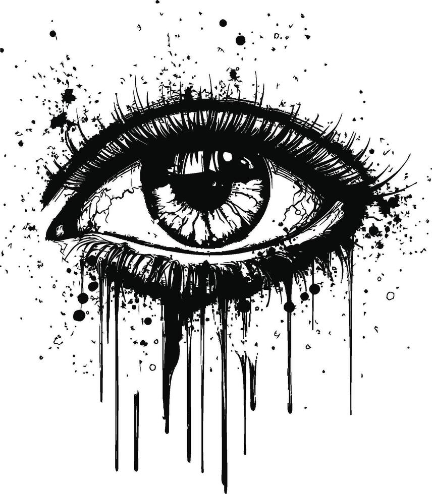 Detailed Eye Illustration with Ink Splashes and Dripping Effect vector