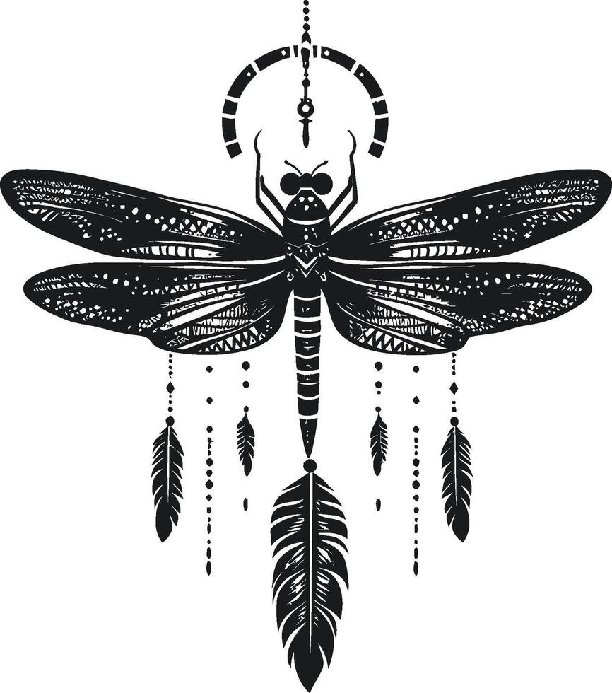 Intricate Black and White Dragonfly Illustration with Dreamcatcher Elements vector