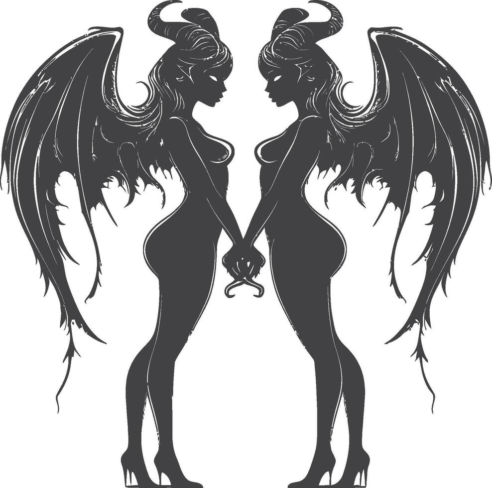 Dual Silhouettes of Winged Figures Holding Hands in Elegant Pose vector