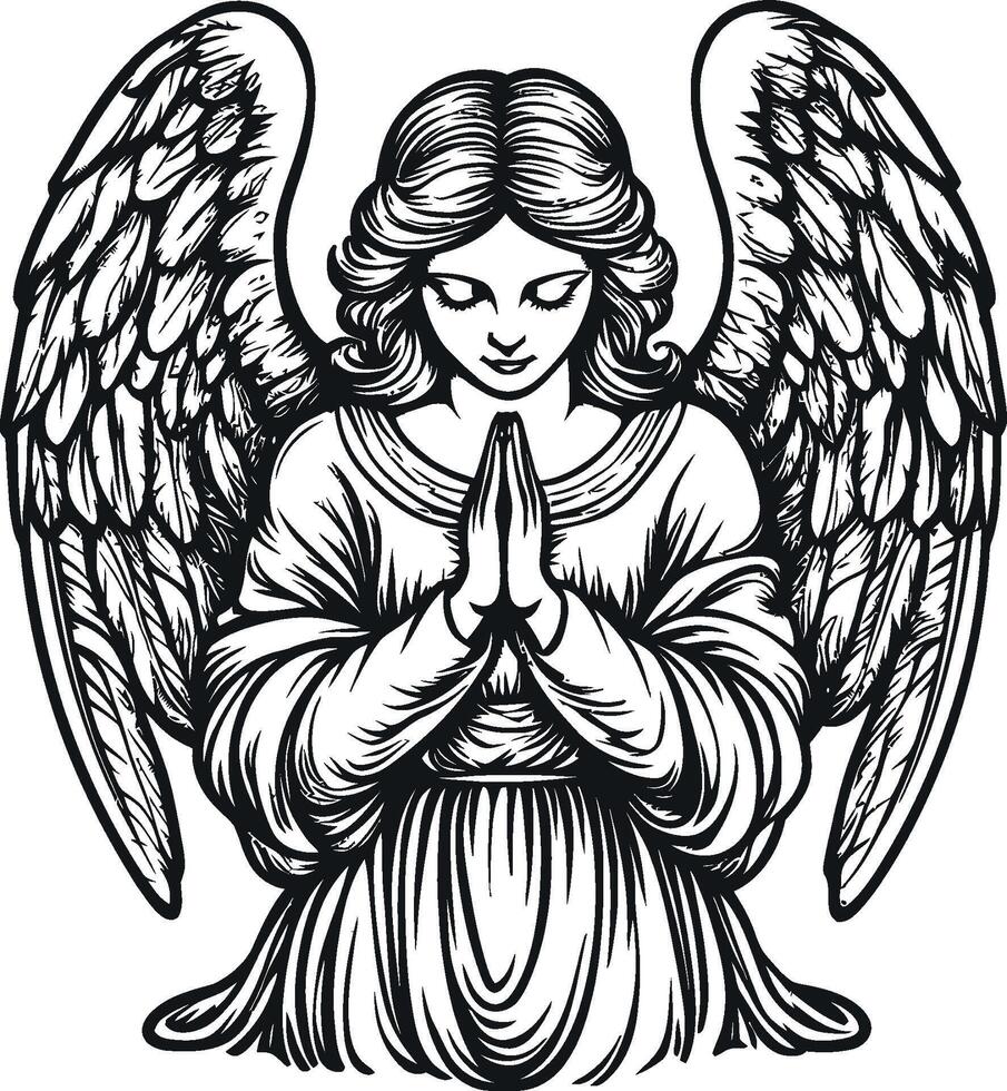 Serene Angel Illustration with Praying Hands and Elegant Wings Design vector