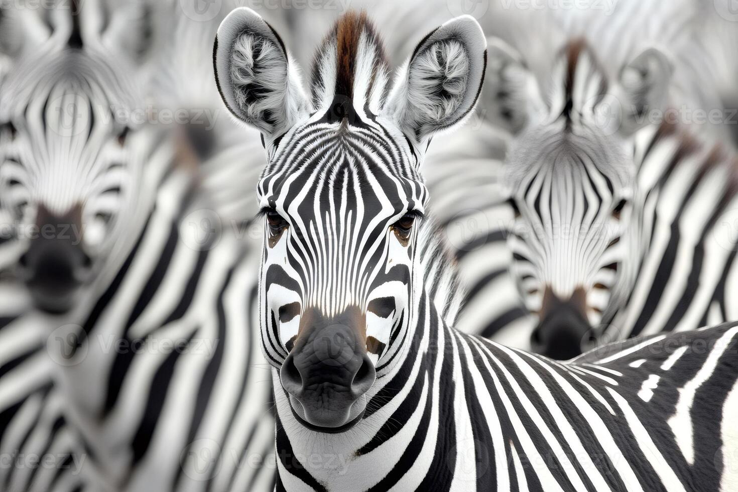 Zebra staring intensely from a group of zebras photo