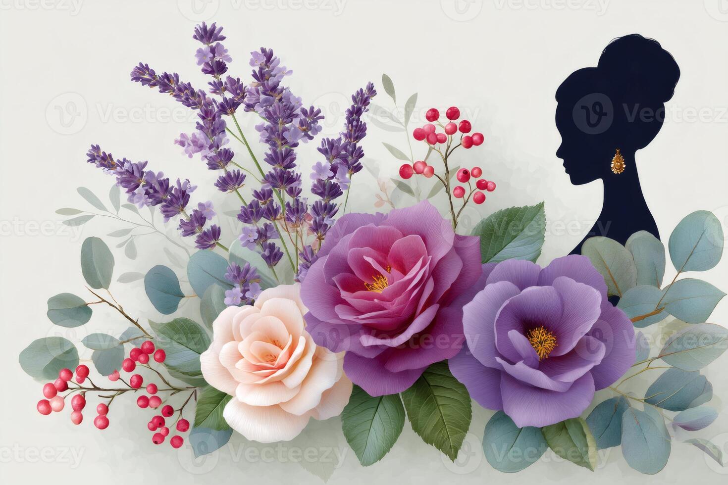 Elegant woman silhouette with roses, lavender and eucalyptus bouquet photo