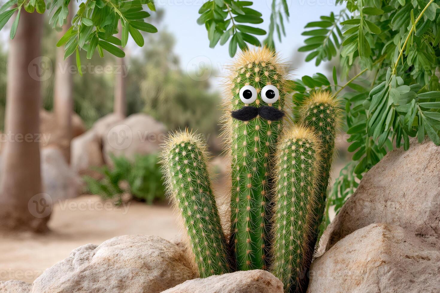 Funny cactus with googly eyes and mustache growing between rocks photo