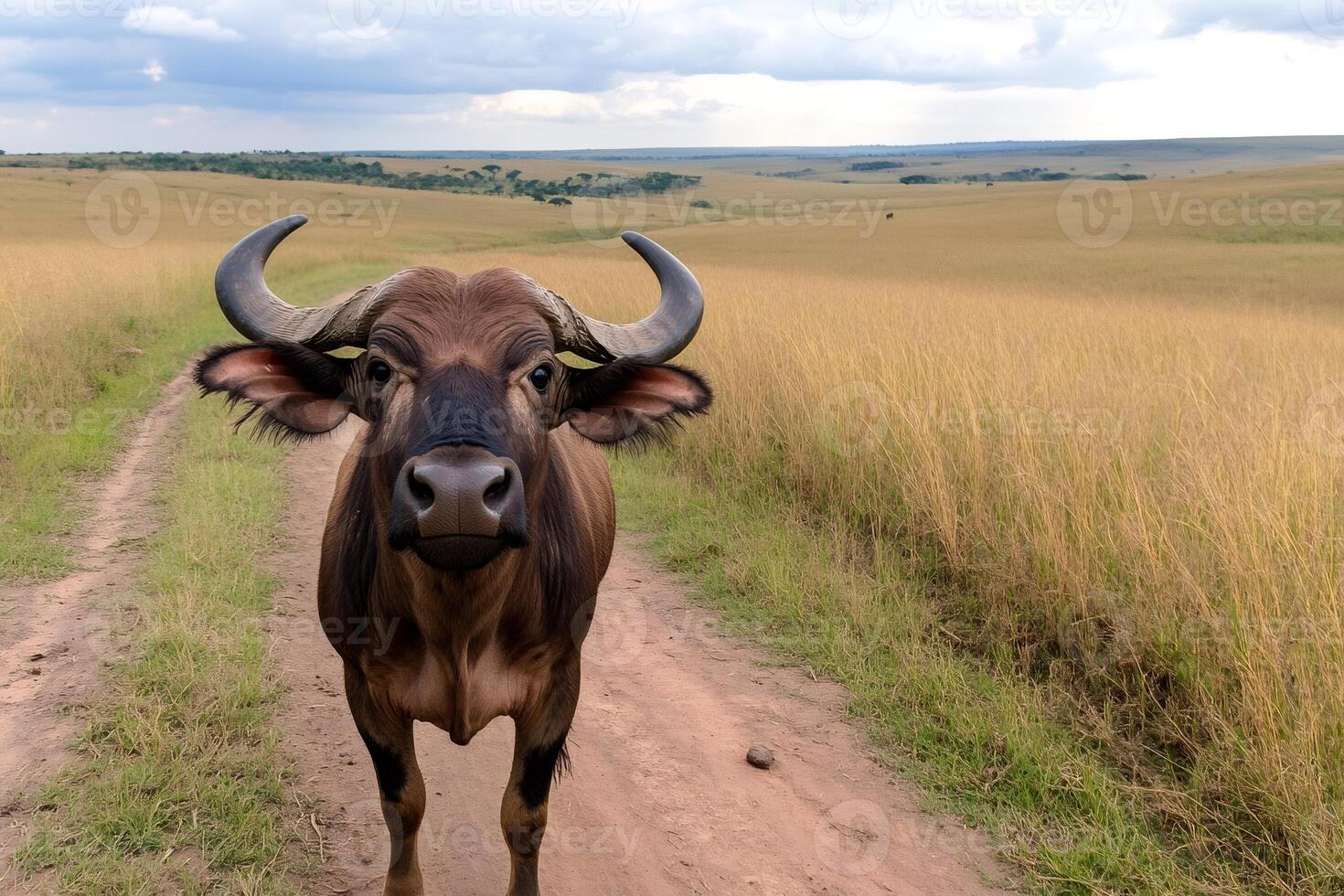 African buffalo standing on a dirt road in Uganda photo