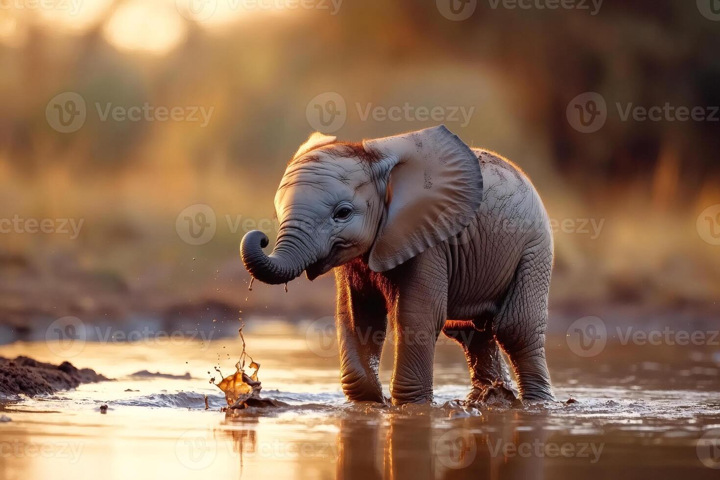 Baby elephant splashing water with trunk at sunset photo