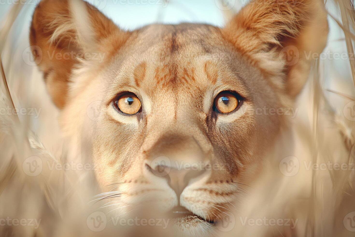 Lioness hiding in the tall grass looking intensely photo