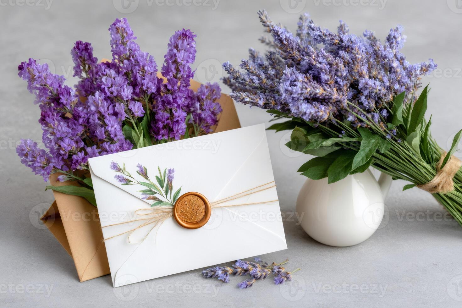 Lavender bouquet and elegant white envelope with wax seal inviting to wedding or other important event photo