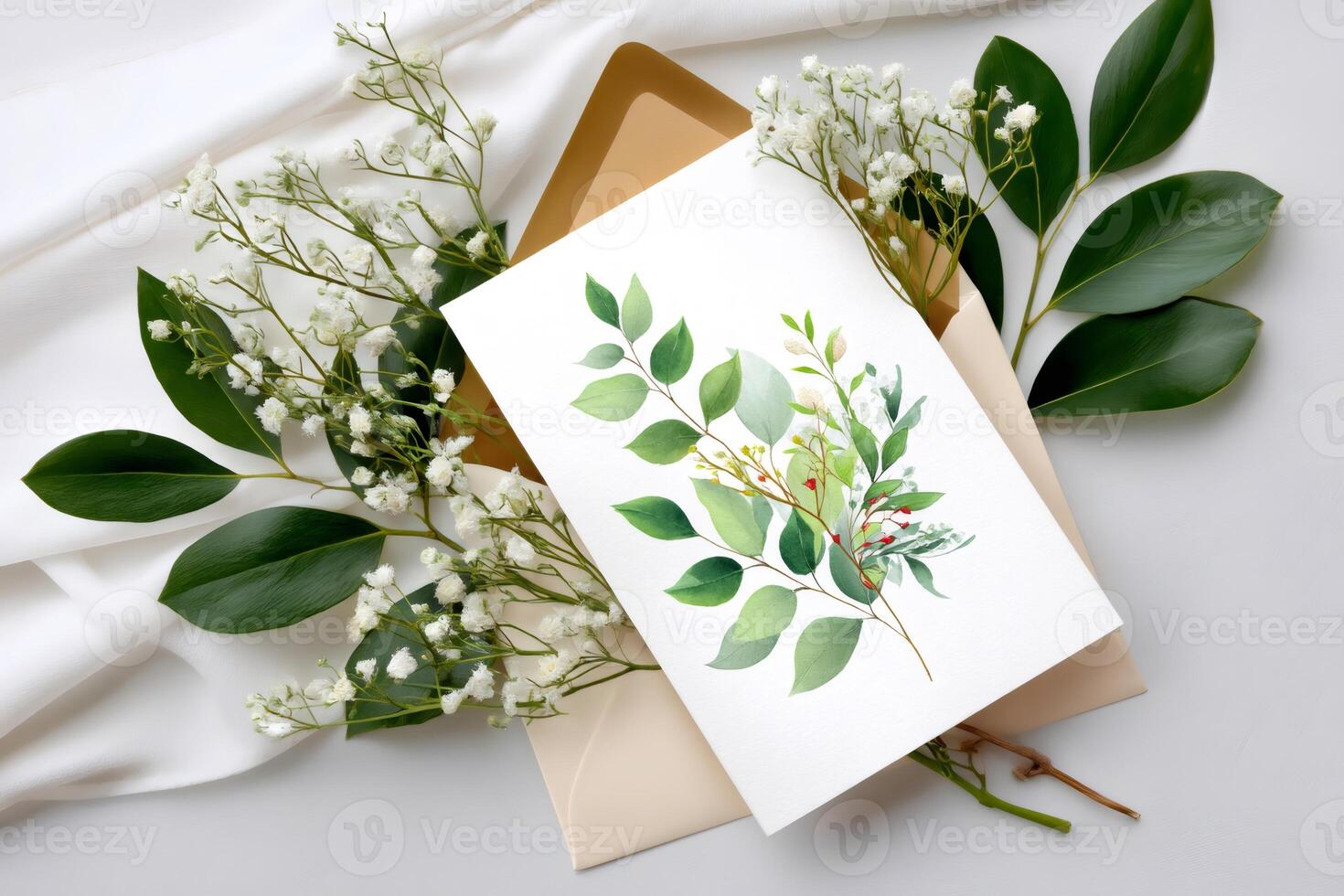 Watercolor greeting card with green leaves and gypsophila flowers is coming out of an elegant envelope photo