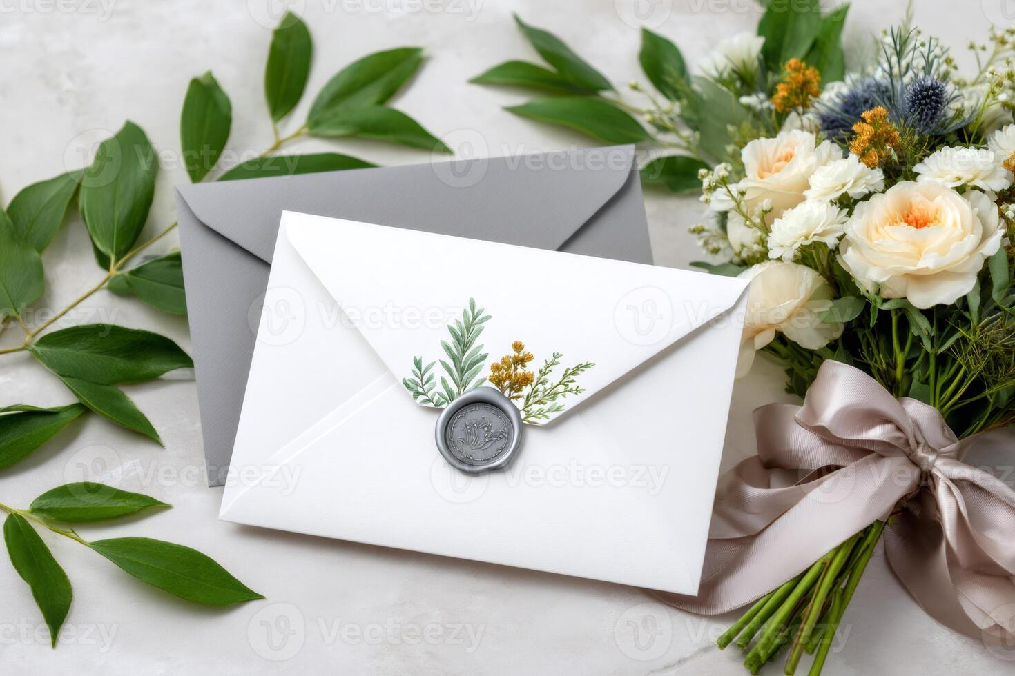 Wedding invitation envelopes with wax seal and floral bouquet resting on marble table photo