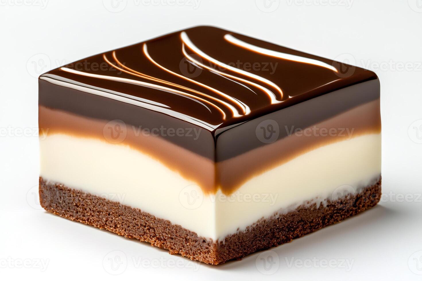 Delicious three layer chocolate cake resting on white background photo