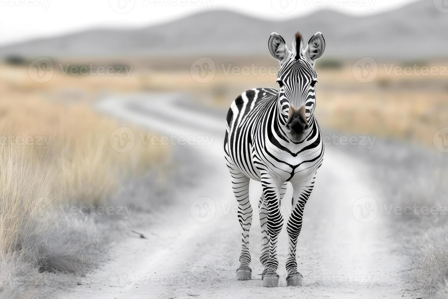 Zebra standing on a dirt road in the african savanna photo