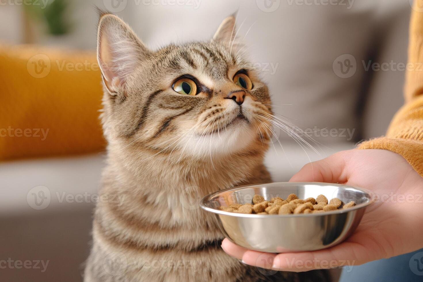 Owner feeding adorable tabby cat with dry food in metal bowl photo