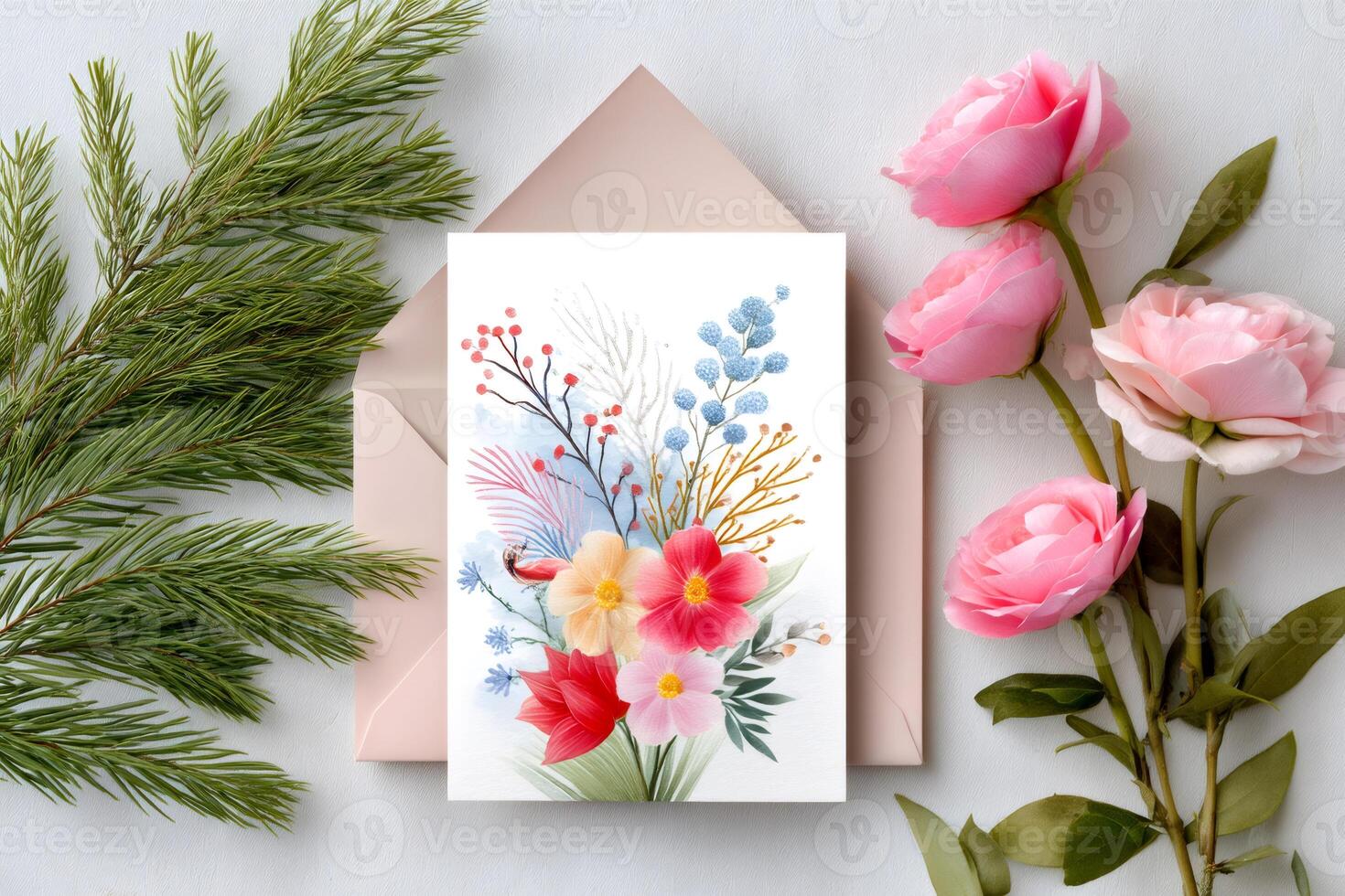 Watercolor style greeting card featuring a vibrant bouquet of flowers, perfect for any occasion photo