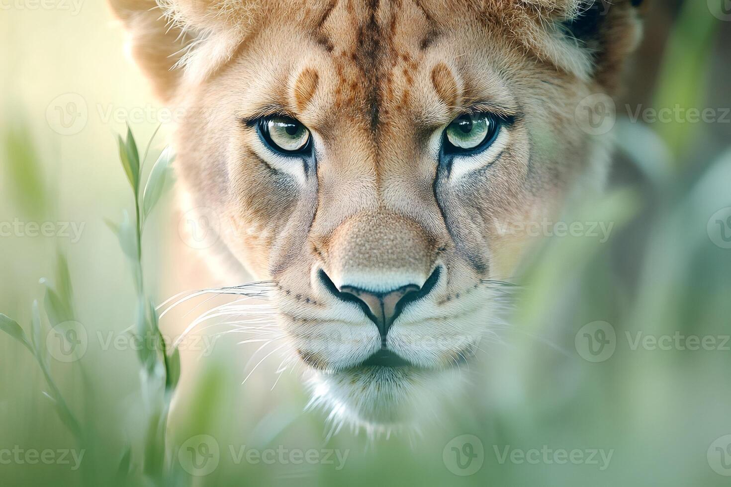Lioness hiding in the grass looking intensely photo