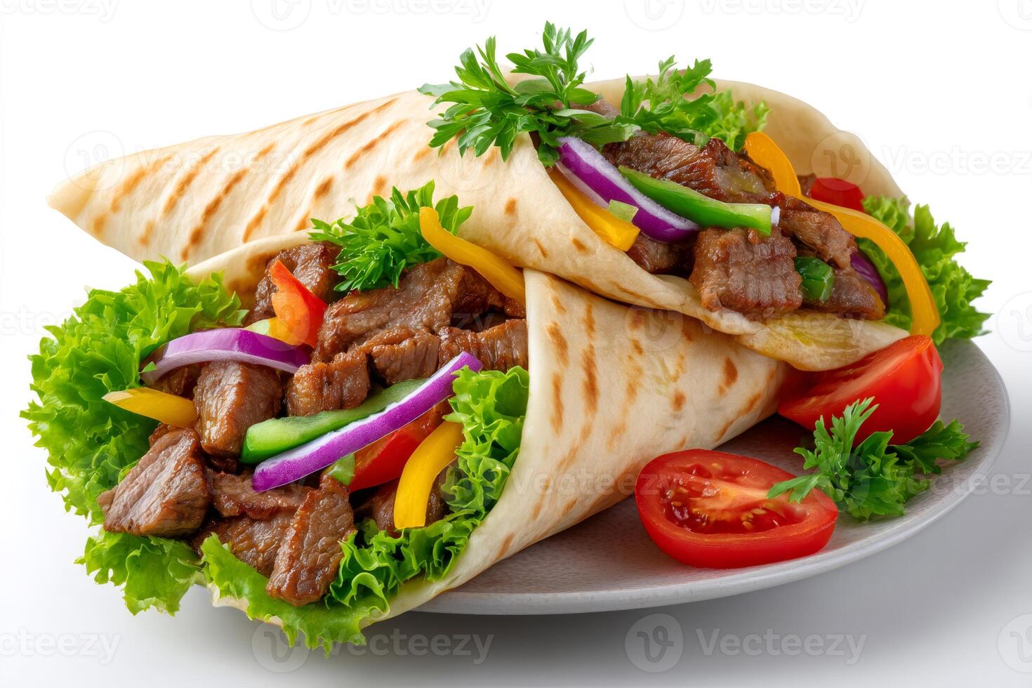 Tortilla wraps with grilled beef and fresh vegetables on white background photo